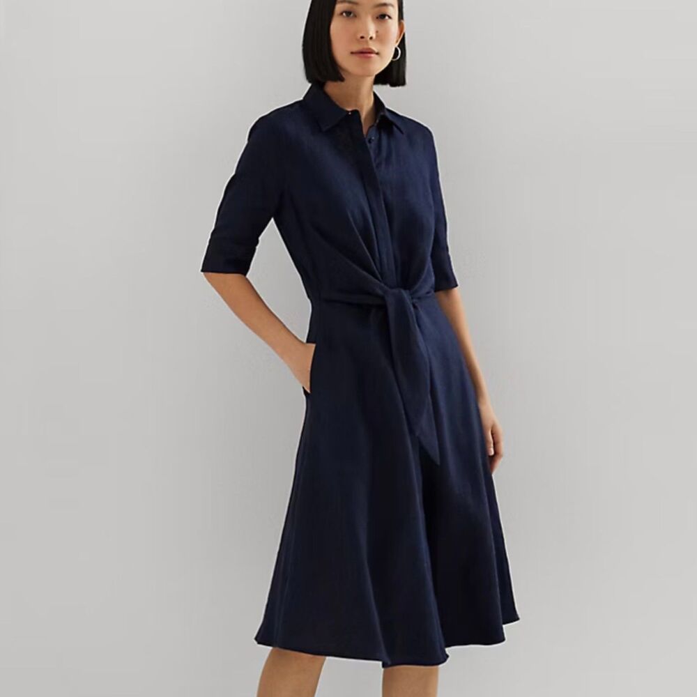 Lauren Ralph Lauren Navy 100% Linen Tie Front Shirt Dress Size 6 Midi Short